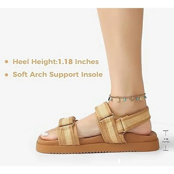 Lucky Step Womens Size 7.5 Tan Hook Loop Open Toe Double Strap Sandal Shoes - Picture 2 of 7